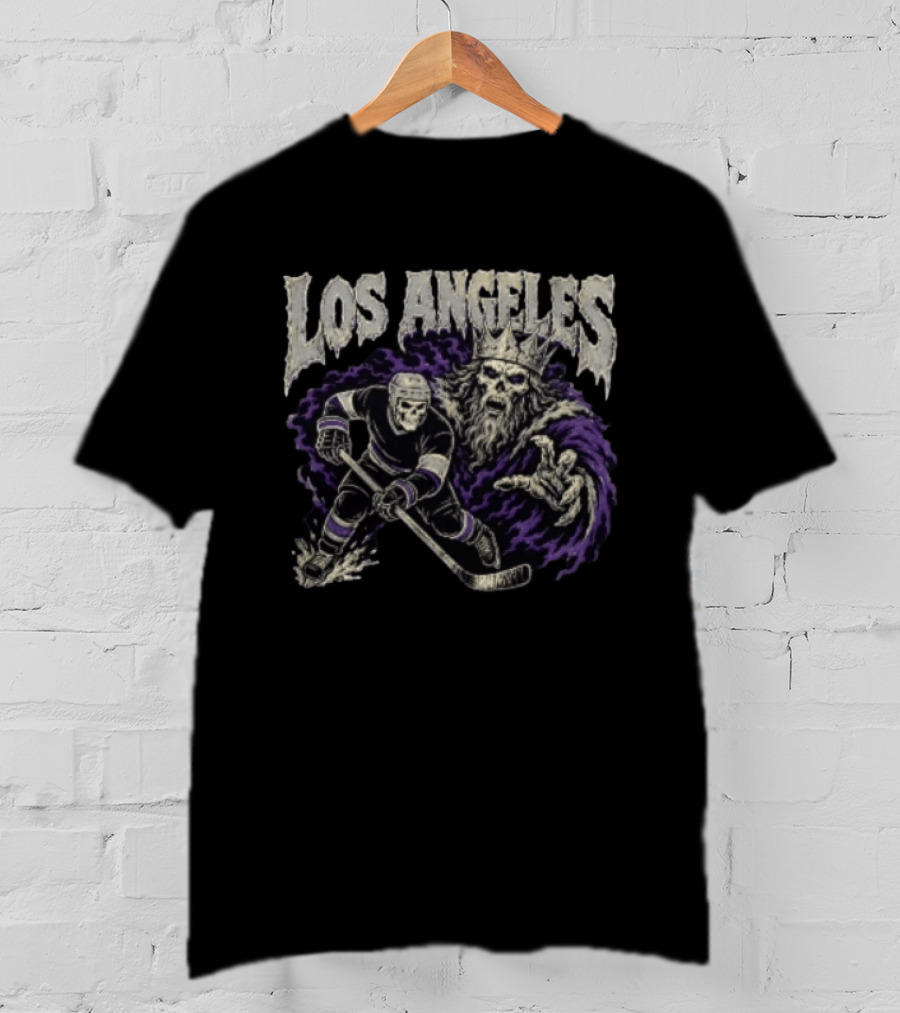 Los Angeles Kings Skeleton Hockey Player With Crowned King In Purple Cloak T-Shirt