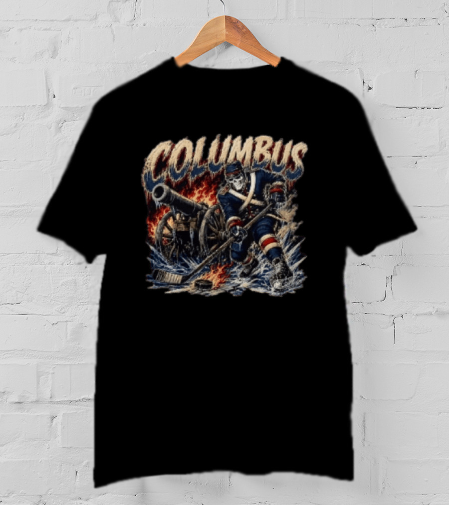 Columbus Blue Jackets Skeleton Hockey Player With Cannon And Ice T-Shirt