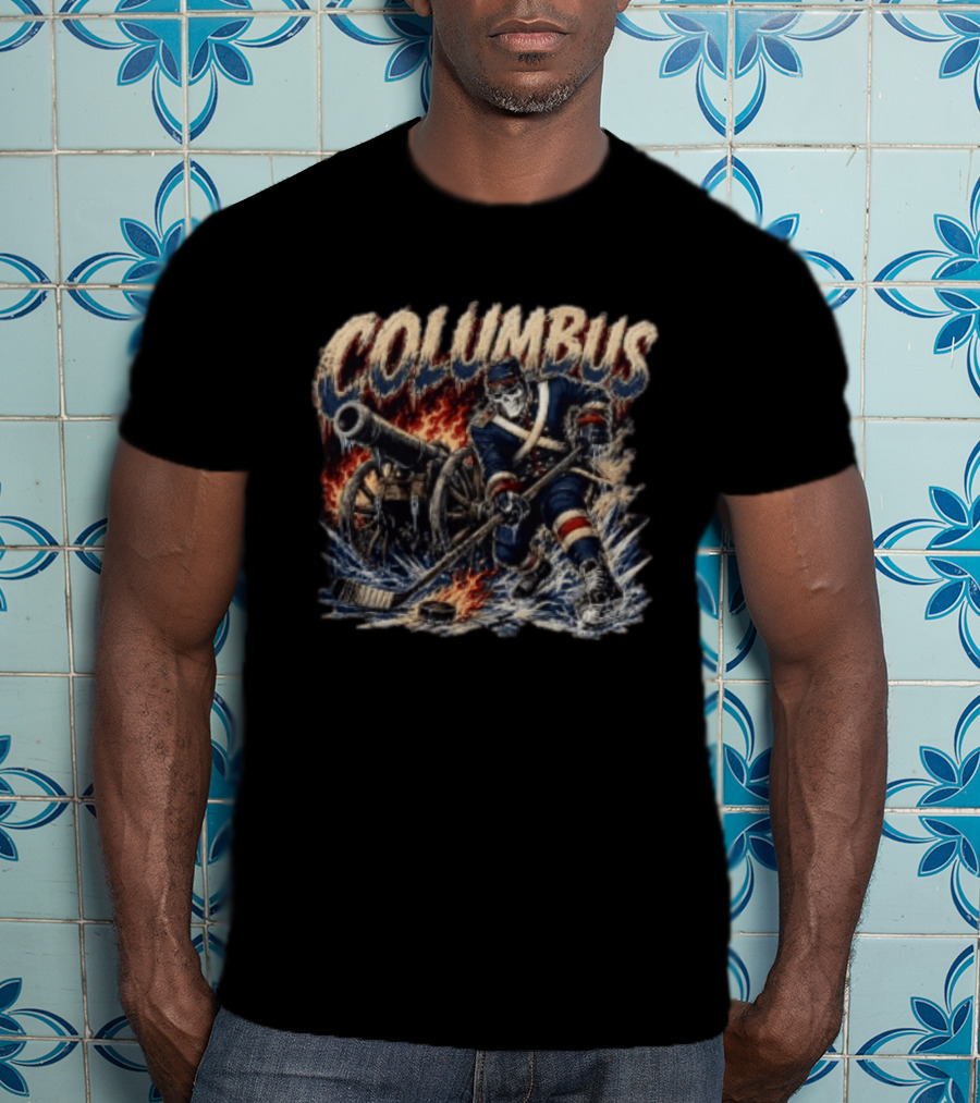 Columbus Blue Jackets Skeleton Hockey Player With Cannon And Ice T-Shirt