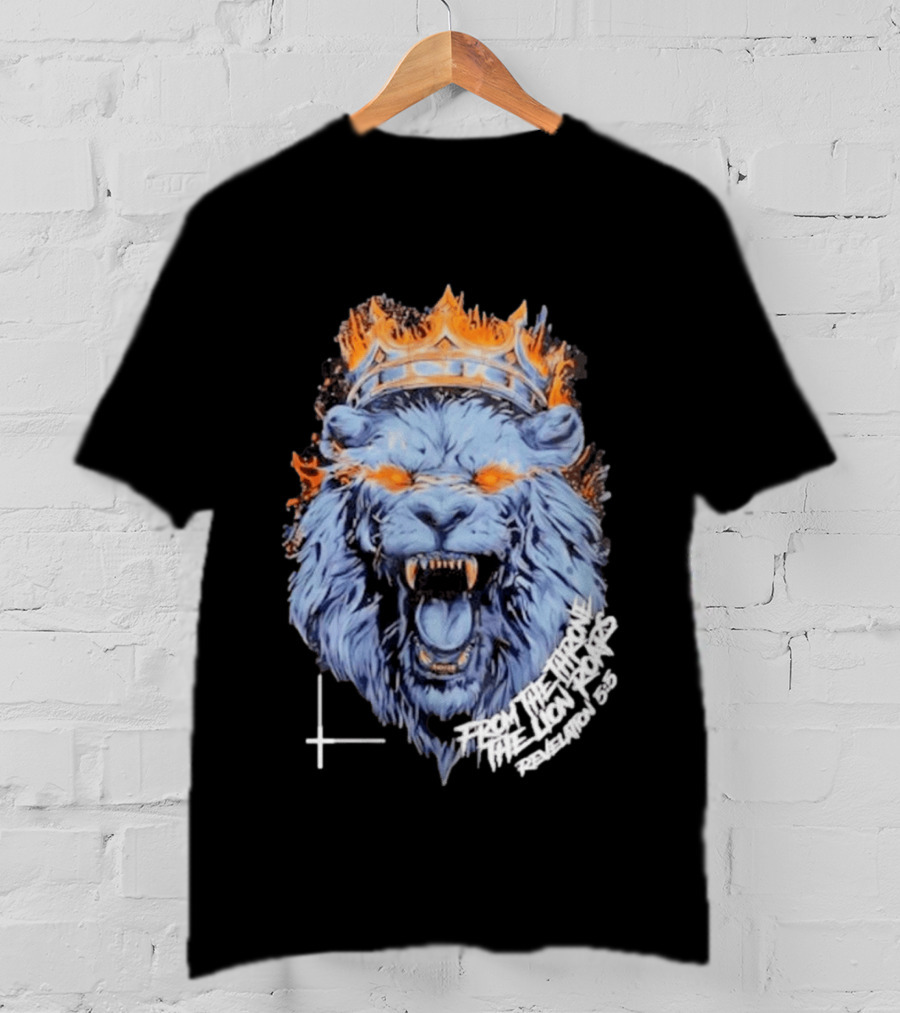 From The Throne The Lion Roars Revelation 5 5 Blue Flame Crown Lionhead T-Shirt