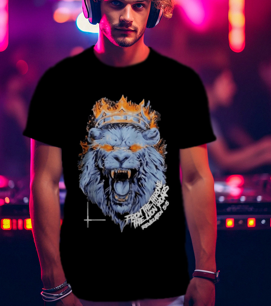 From The Throne The Lion Roars Revelation 5 5 Blue Flame Crown Lionhead T-Shirt