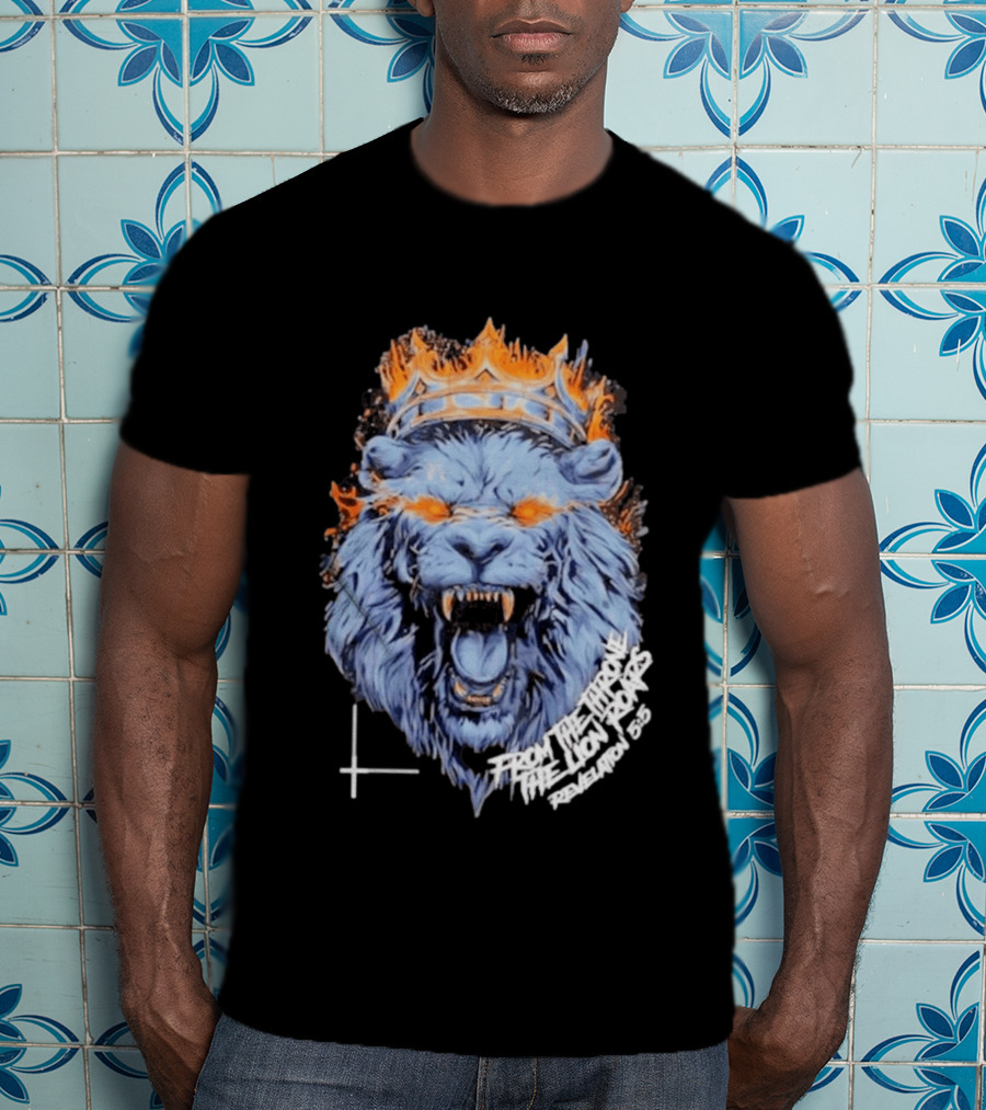 From The Throne The Lion Roars Revelation 5 5 Blue Flame Crown Lionhead T-Shirt