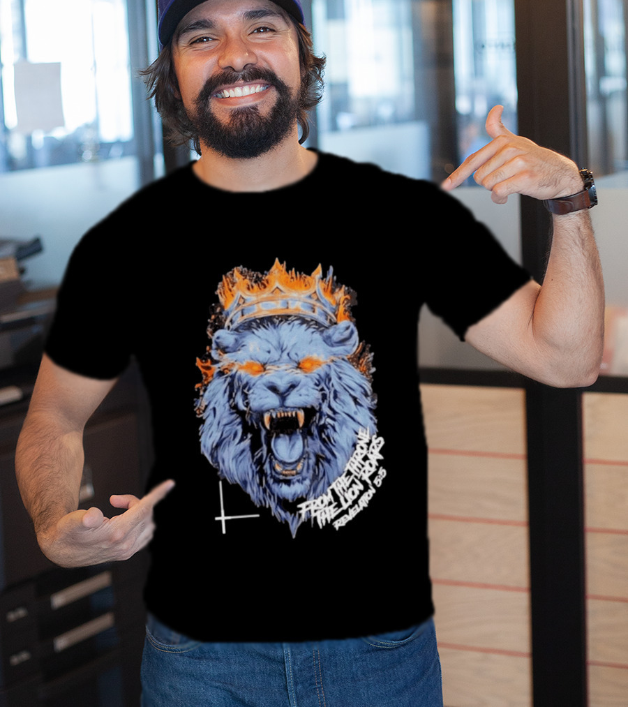 From The Throne The Lion Roars Revelation 5 5 Blue Flame Crown Lionhead T-Shirt