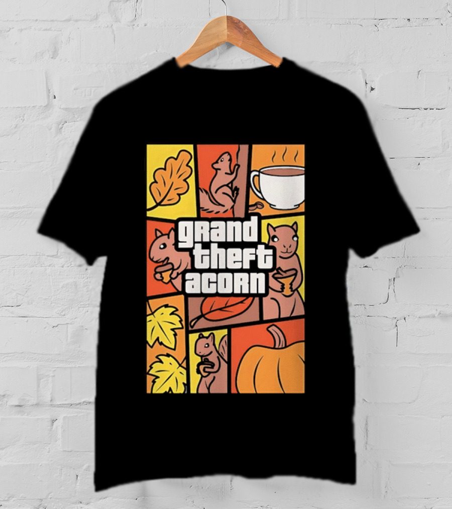 Grand Theft Acorn Autumn Squirrel Coffee Pumpkin Leaves T-Shirt