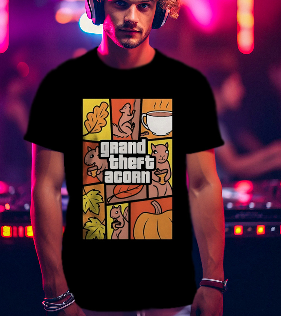 Grand Theft Acorn Autumn Squirrel Coffee Pumpkin Leaves T-Shirt