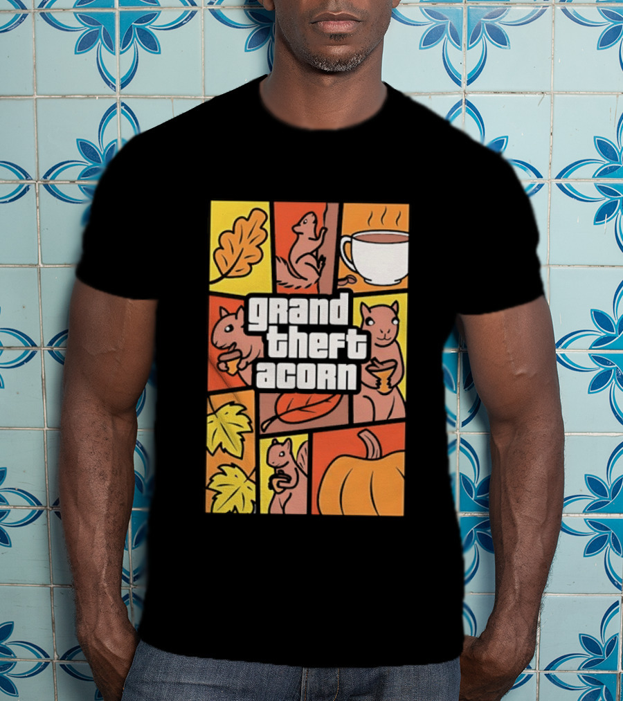 Grand Theft Acorn Autumn Squirrel Coffee Pumpkin Leaves T-Shirt