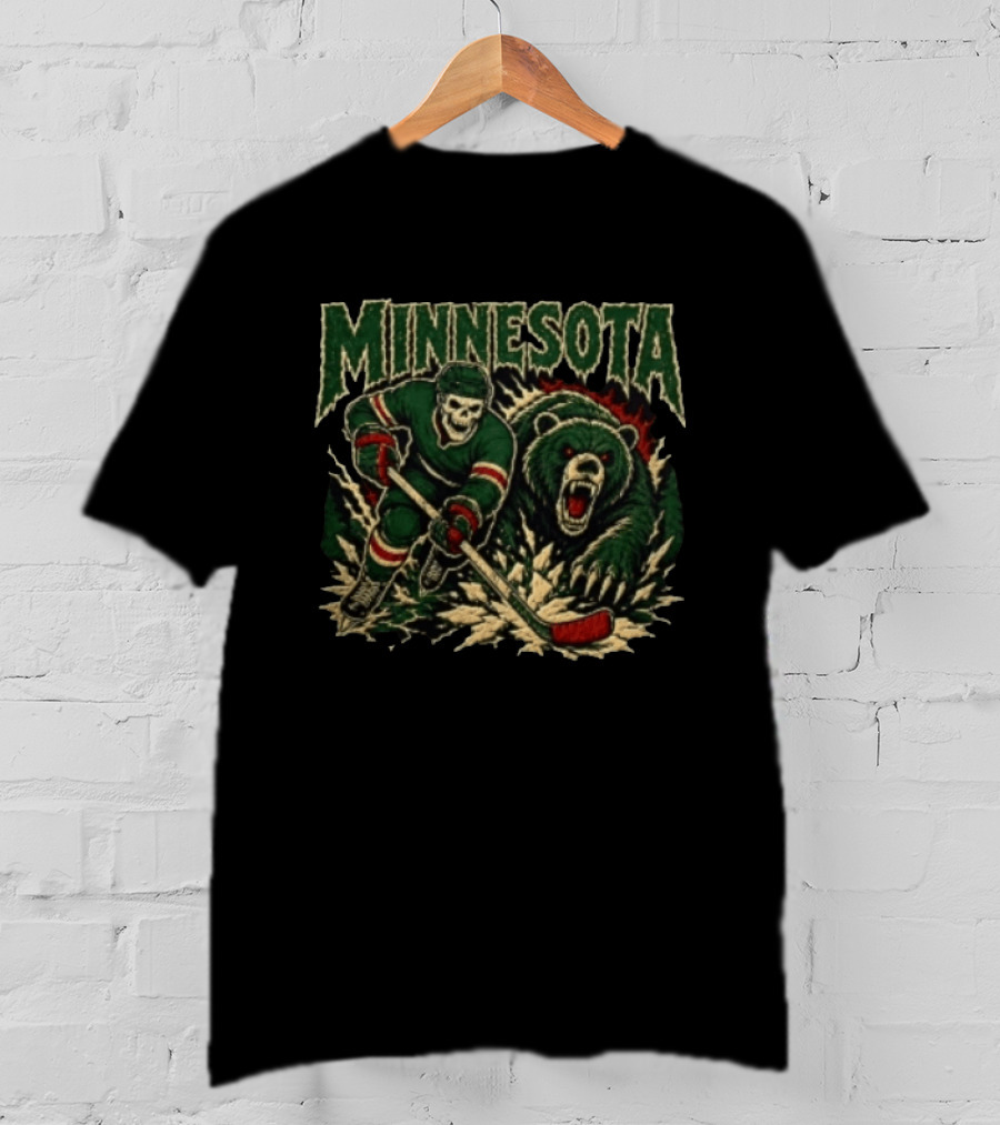Minnesota Hockey Skeleton With Bear T-Shirt