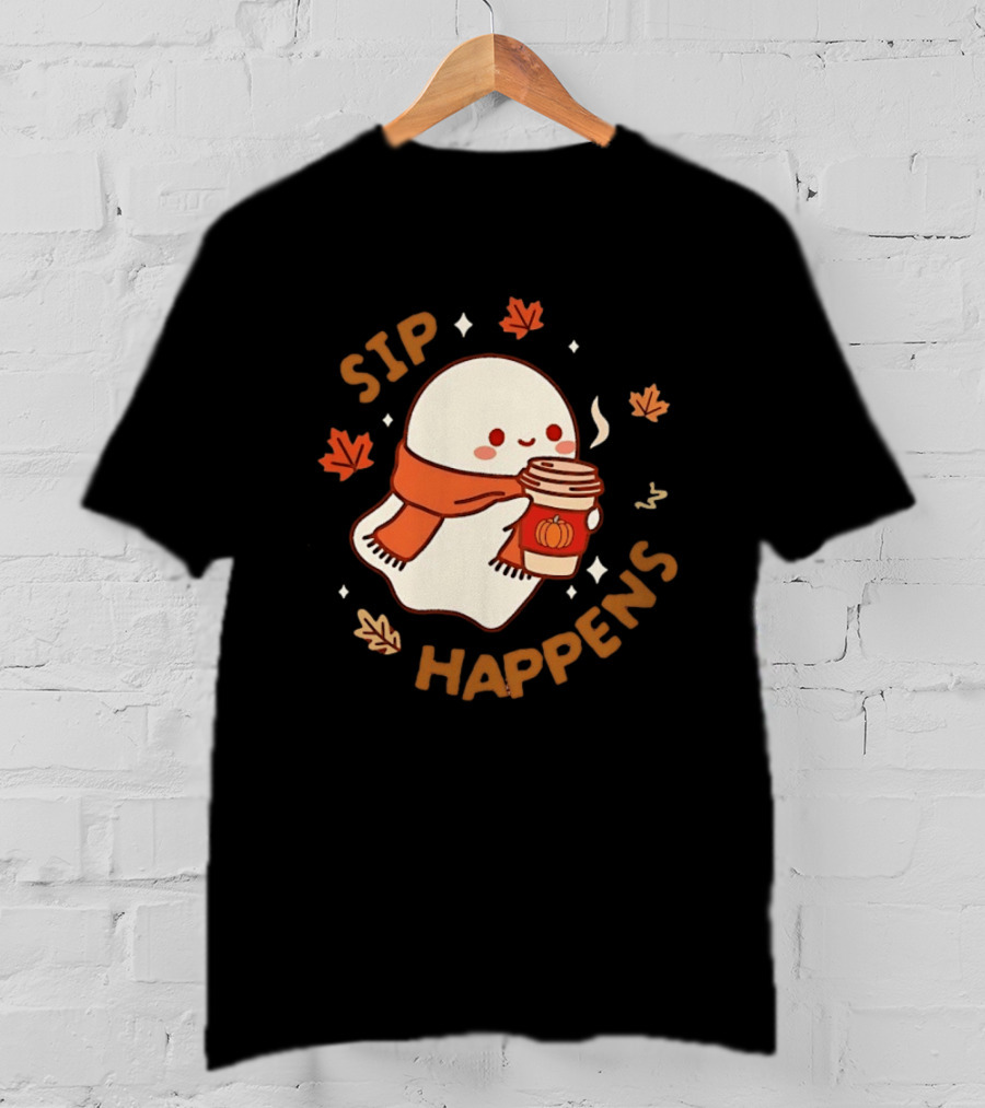 Sip Happens Ghost Pumpkin Spice Latte With Leaves And Scarf T-Shirt