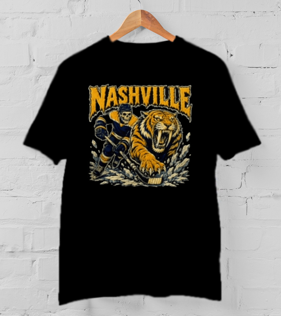 Nashville Hockey Skeleton Player With Fierce Tiger T-Shirt