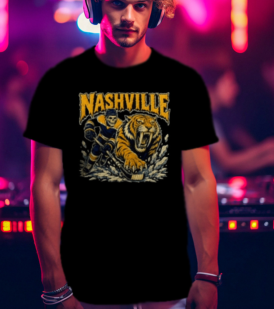 Nashville Hockey Skeleton Player With Fierce Tiger T-Shirt