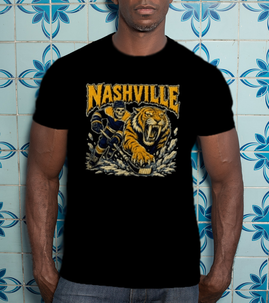 Nashville Hockey Skeleton Player With Fierce Tiger T-Shirt