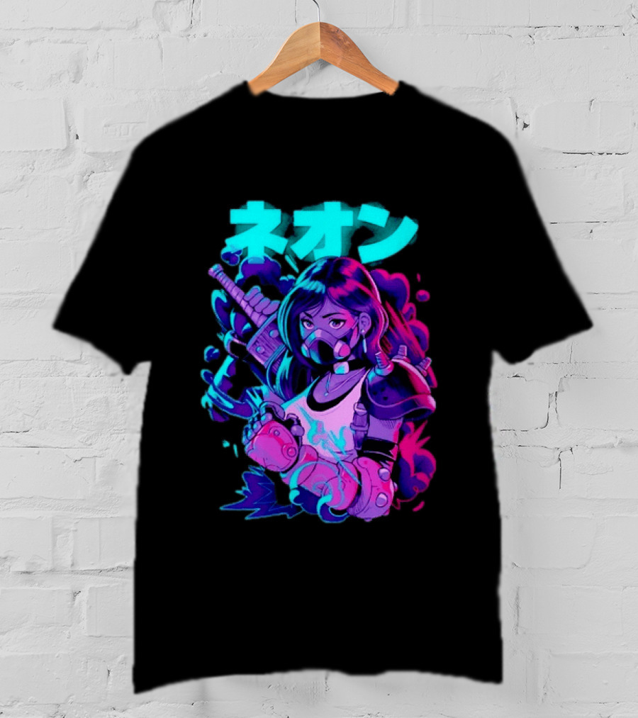 Neon Cyberpunk Anime Warrior Girl Futuristic Vaporwave Aesthetic T-Shirt