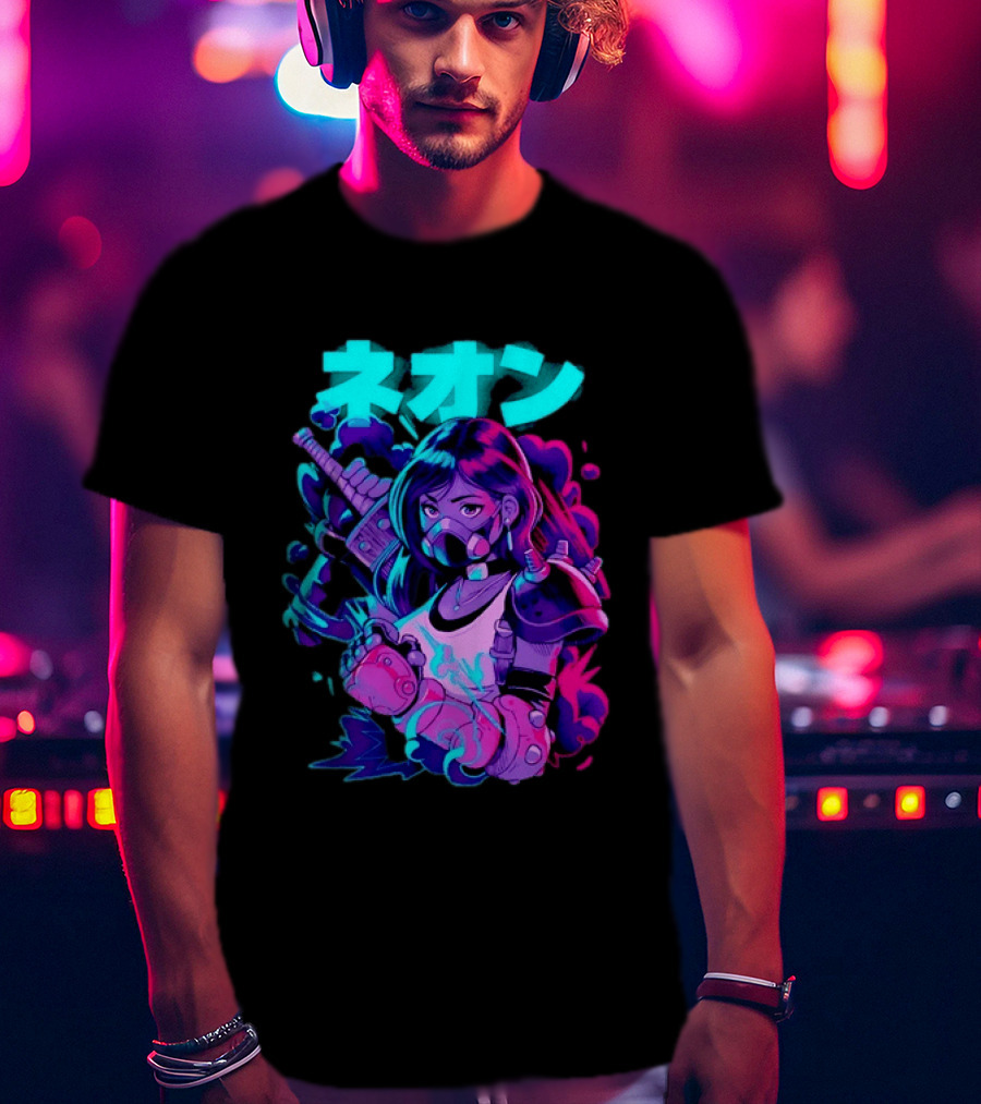 Neon Cyberpunk Anime Warrior Girl Futuristic Vaporwave Aesthetic T-Shirt