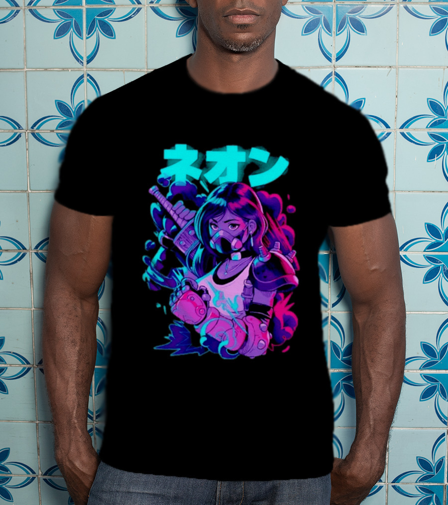 Neon Cyberpunk Anime Warrior Girl Futuristic Vaporwave Aesthetic T-Shirt