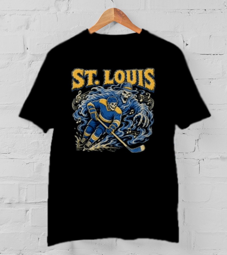 St. Louis Blues Hockey Skeleton Player With Music Notes And Ghostly Figure T-Shirt