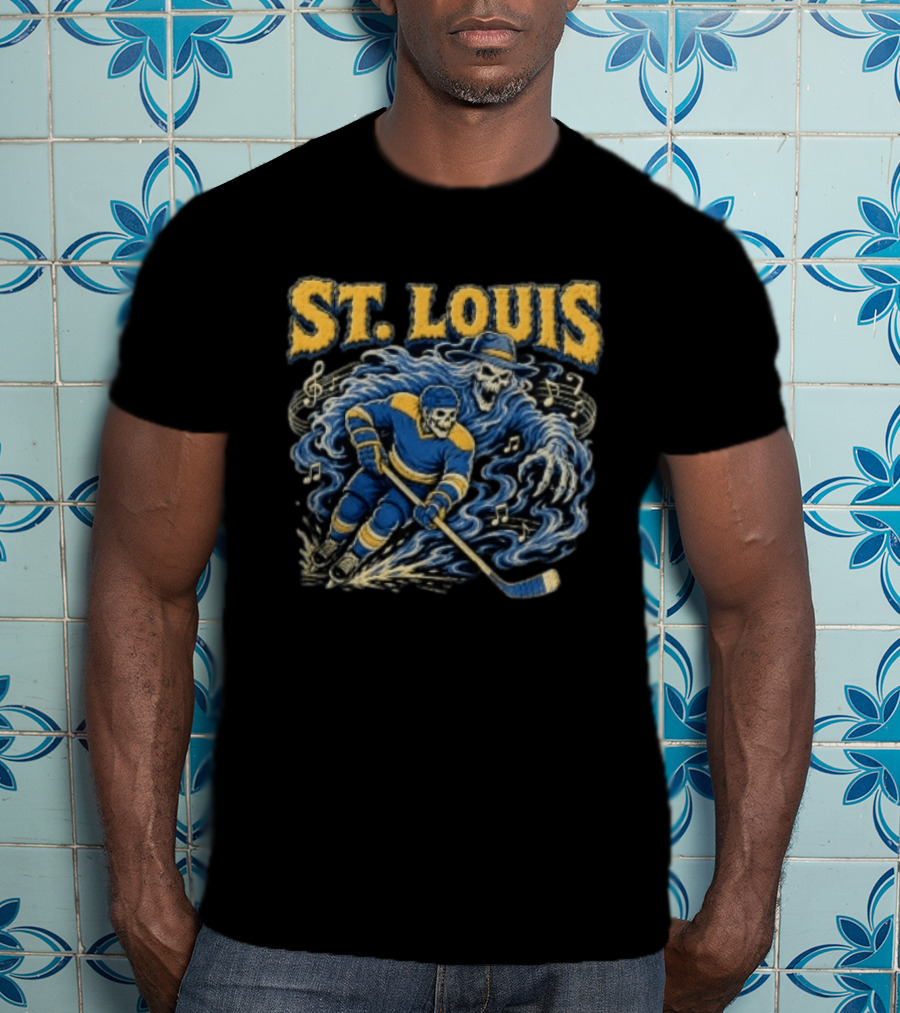 St. Louis Blues Hockey Skeleton Player With Music Notes And Ghostly Figure T-Shirt