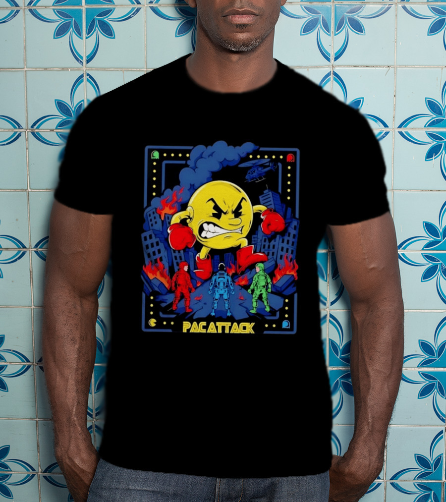 Pac Attack City Destruction Video Game Icon Battle Scene T-Shirt