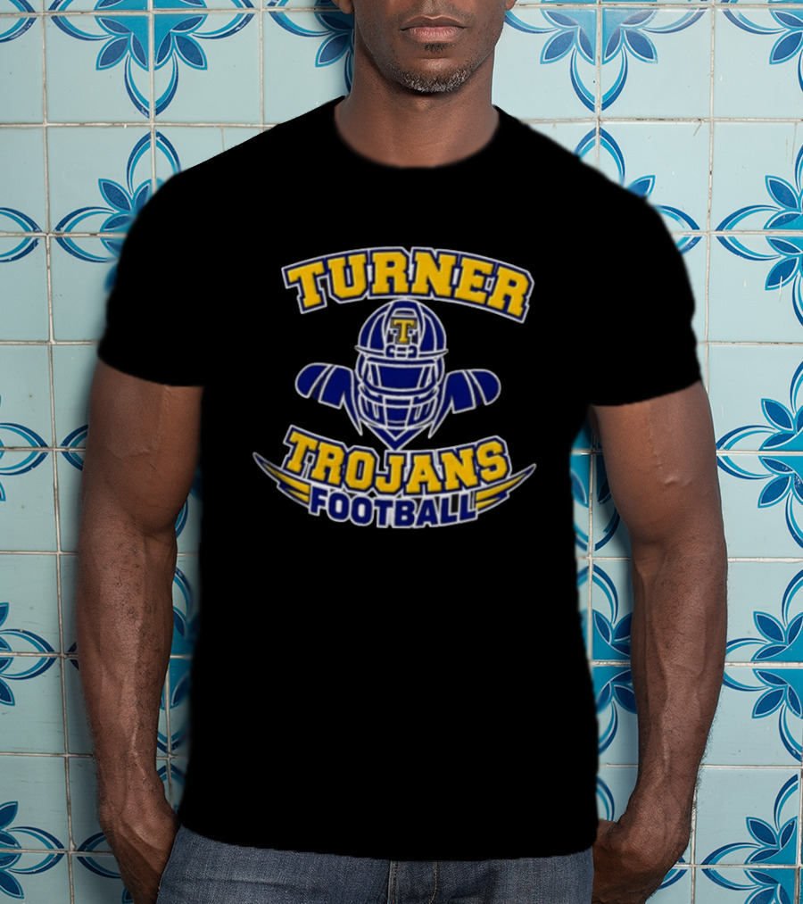 Turner Trojans Football Yellow Navy Helmet Shoulder Pads Gridiron T-Shirt