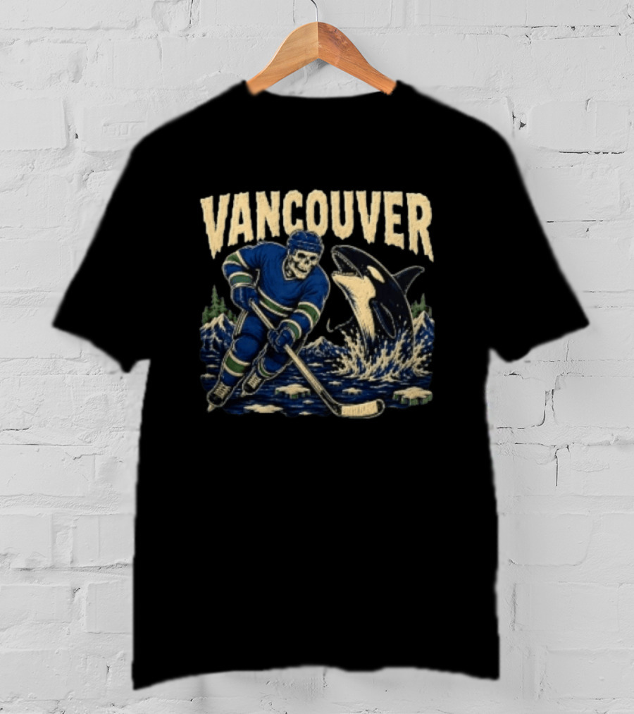 Vancouver Canucks Hockey Skeleton Player With Orca T-Shirt