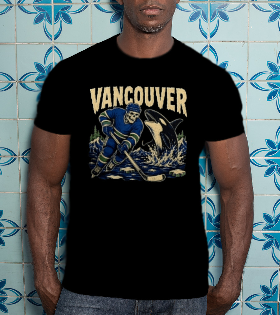 Vancouver Canucks Hockey Skeleton Player With Orca T-Shirt