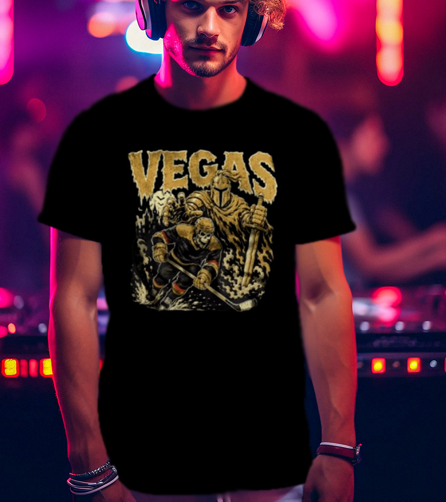 Vegas Golden Knights Skeleton Hockey Player With Knight And Sword T-Shirt