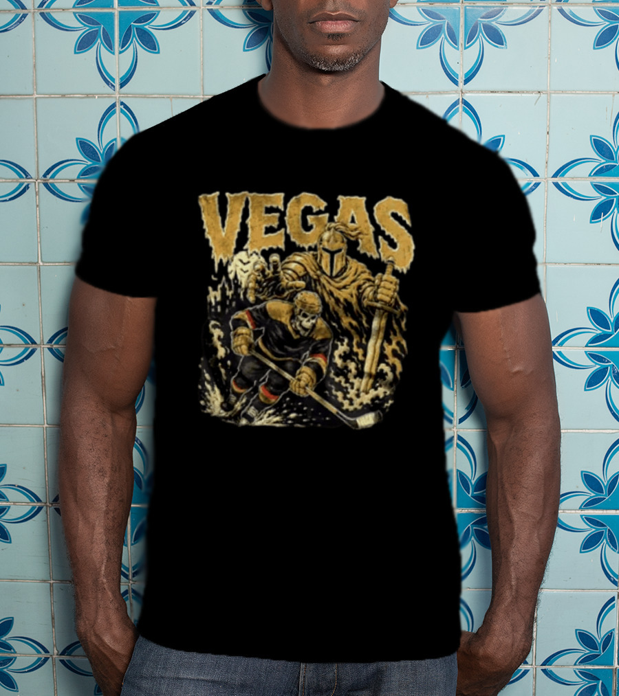 Vegas Golden Knights Skeleton Hockey Player With Knight And Sword T-Shirt