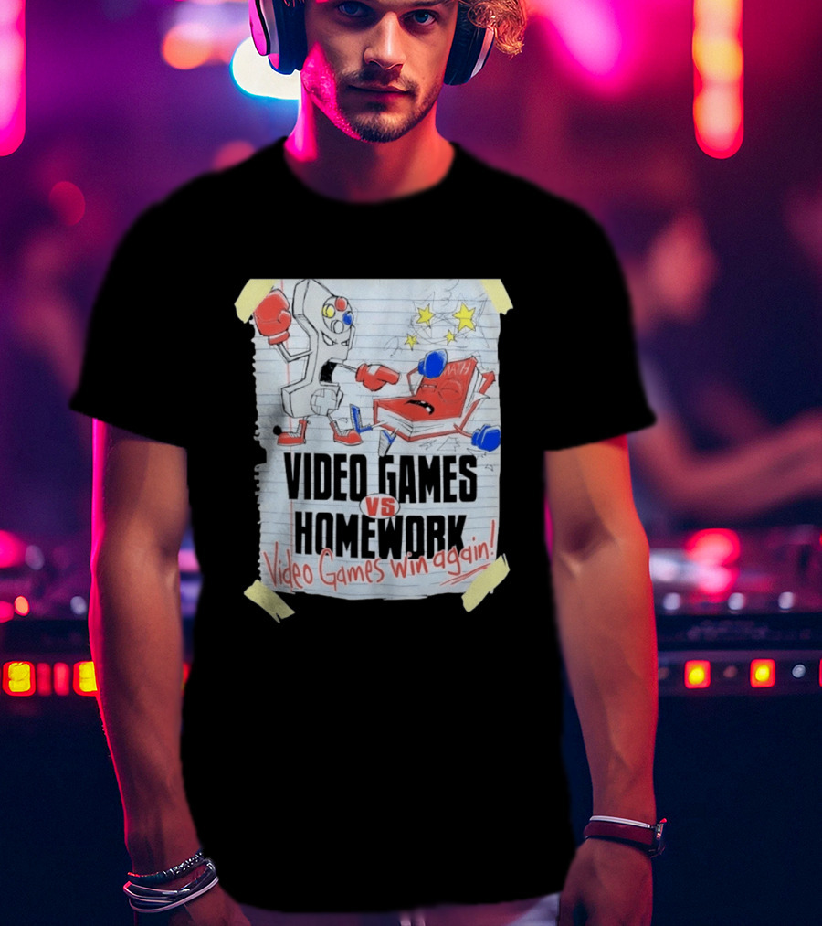 Video Games Vs Homework Video Games Win Again Math Battle Sketch T-Shirt