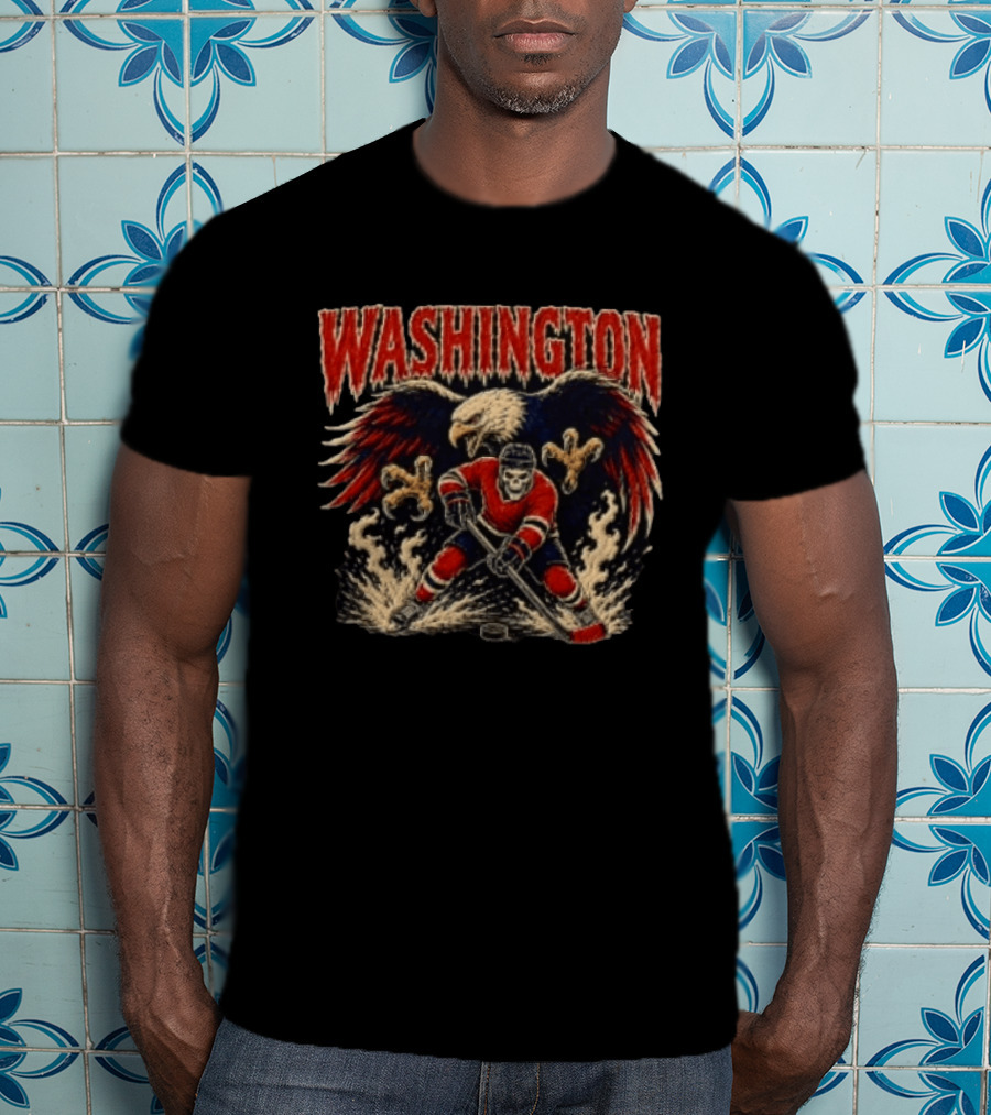 Washington Capitals Skeleton Hockey Player With Eagle T-Shirt