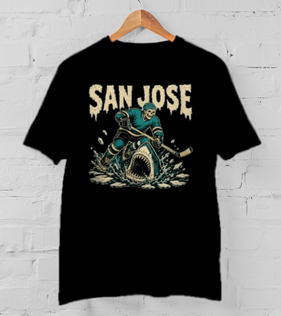 San Jose Sharks Skeleton Hockey Player Riding Shark T-Shirt