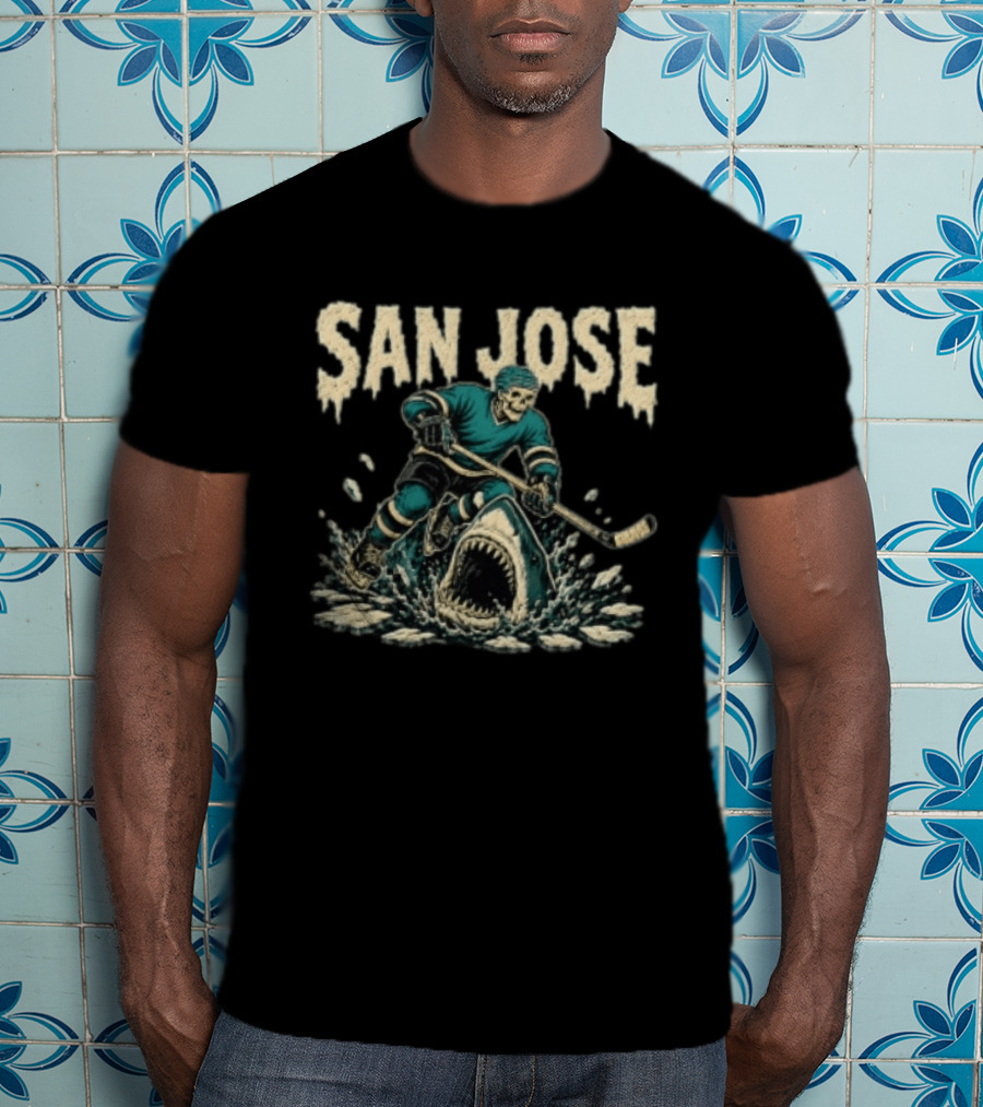 San Jose Sharks Skeleton Hockey Player Riding Shark T-Shirt
