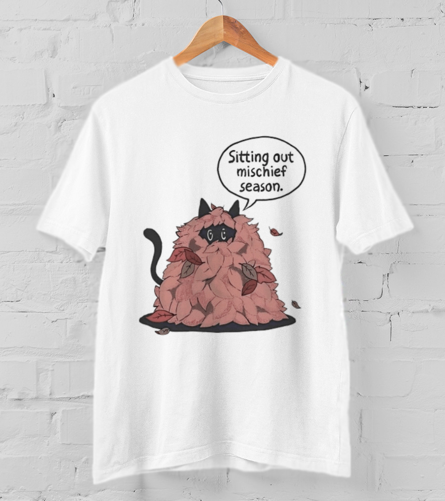 Sitting Out Mischief Season Cat Autumn Leaves T-Shirt