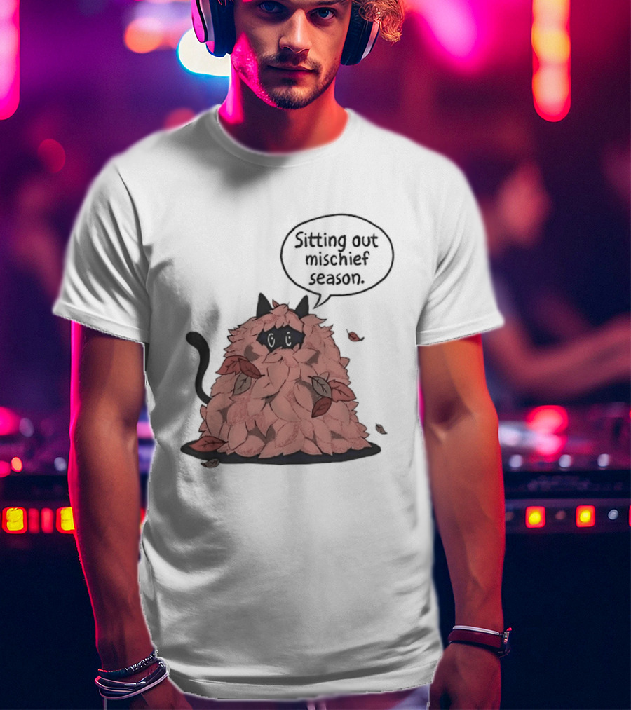 Sitting Out Mischief Season Cat Autumn Leaves T-Shirt