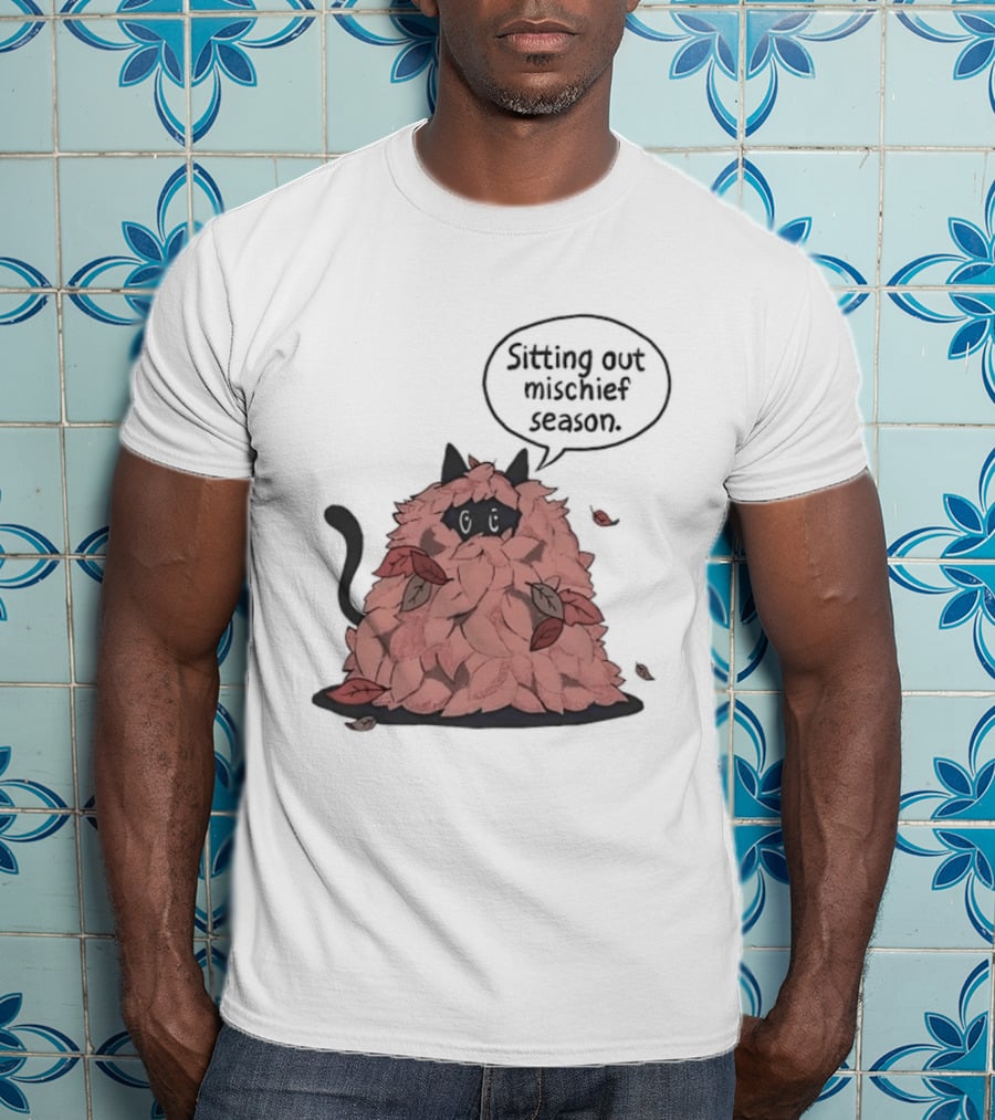 Sitting Out Mischief Season Cat Autumn Leaves T-Shirt
