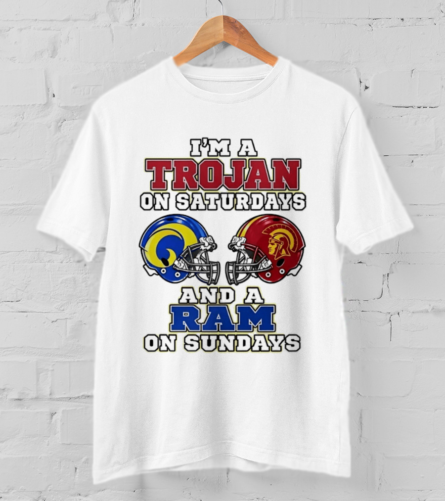 Trojan On Saturdays USC And Ram On Sundays Football Fan Helmet T-Shirt