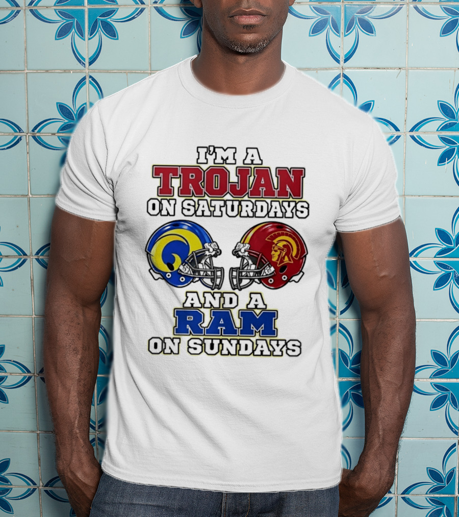Trojan On Saturdays USC And Ram On Sundays Football Fan Helmet T-Shirt