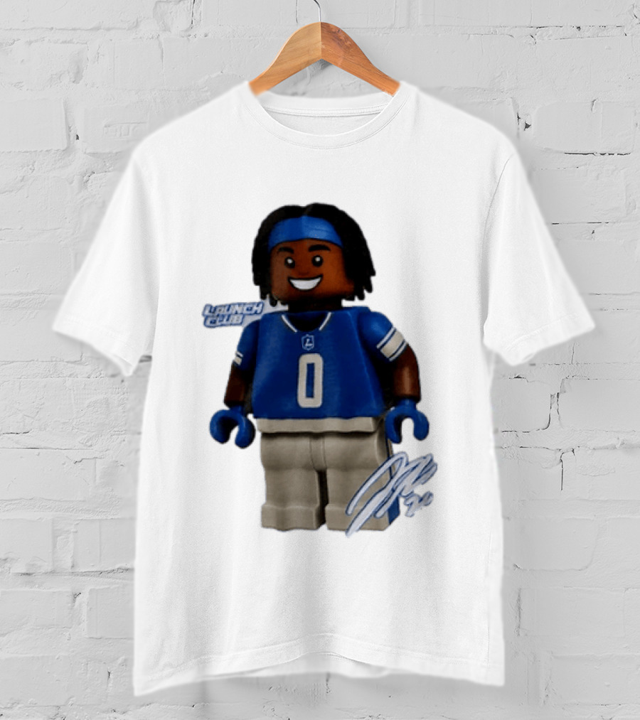 Detroit Lions Jahmyr Gibbs Lego Minifigure Launch Club Football Player T-Shirt