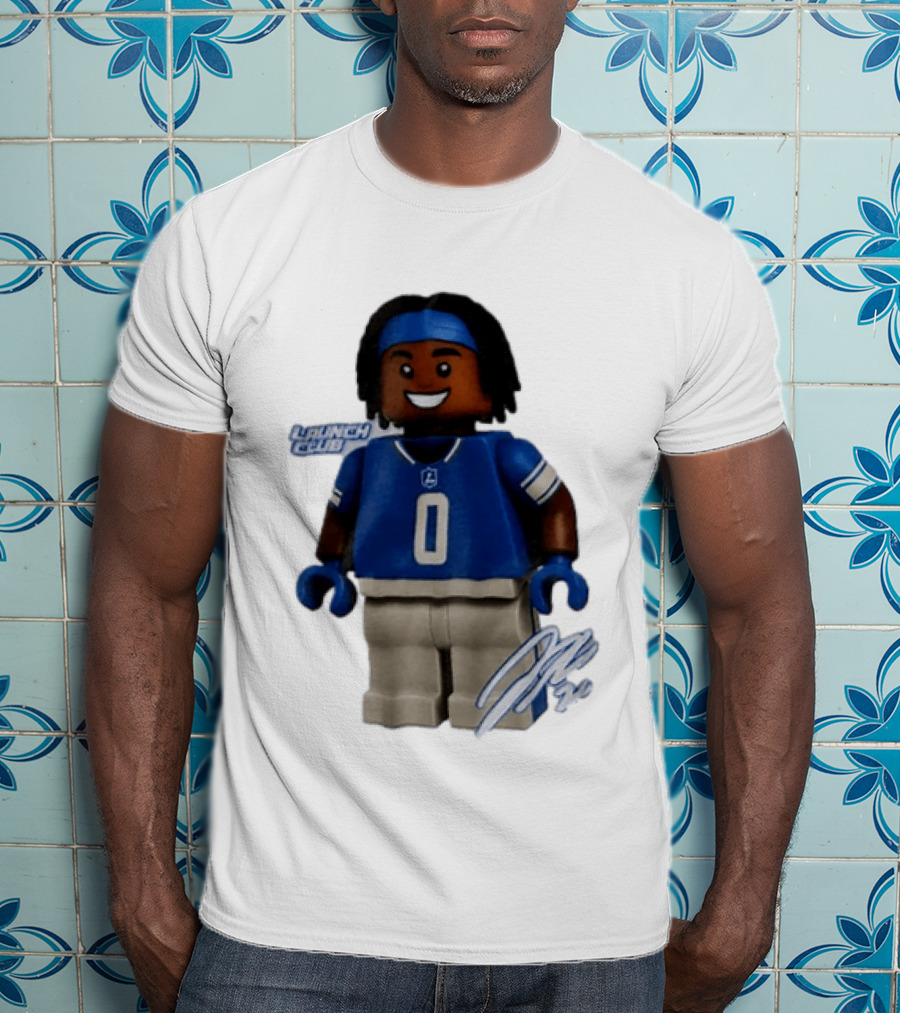 Detroit Lions Jahmyr Gibbs Lego Minifigure Launch Club Football Player T-Shirt