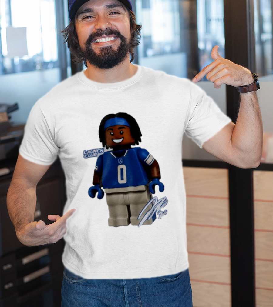 Detroit Lions Jahmyr Gibbs Lego Minifigure Launch Club Football Player T-Shirt