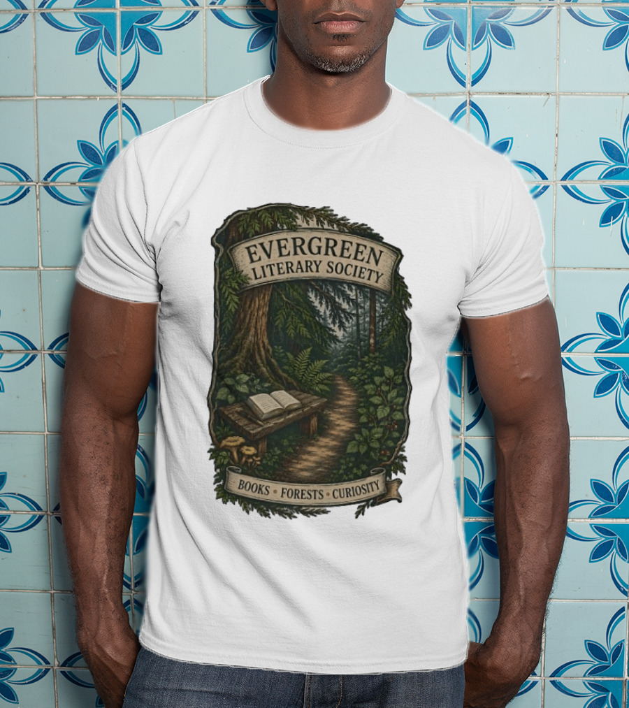 Evergreen Literary Society Books Forests Curiosity Pathway Through Trees T-Shirt