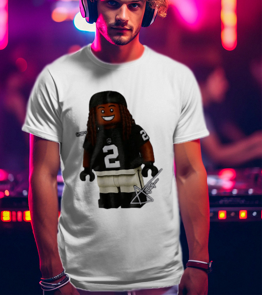 Las Vegas Raiders Running Back Ashton Jeanty 2 Lego Minifigure With Football Helmet T-Shirt