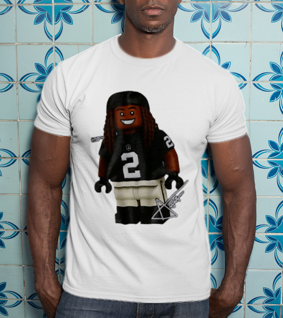 Las Vegas Raiders Running Back Ashton Jeanty 2 Lego Minifigure With Football Helmet T-Shirt