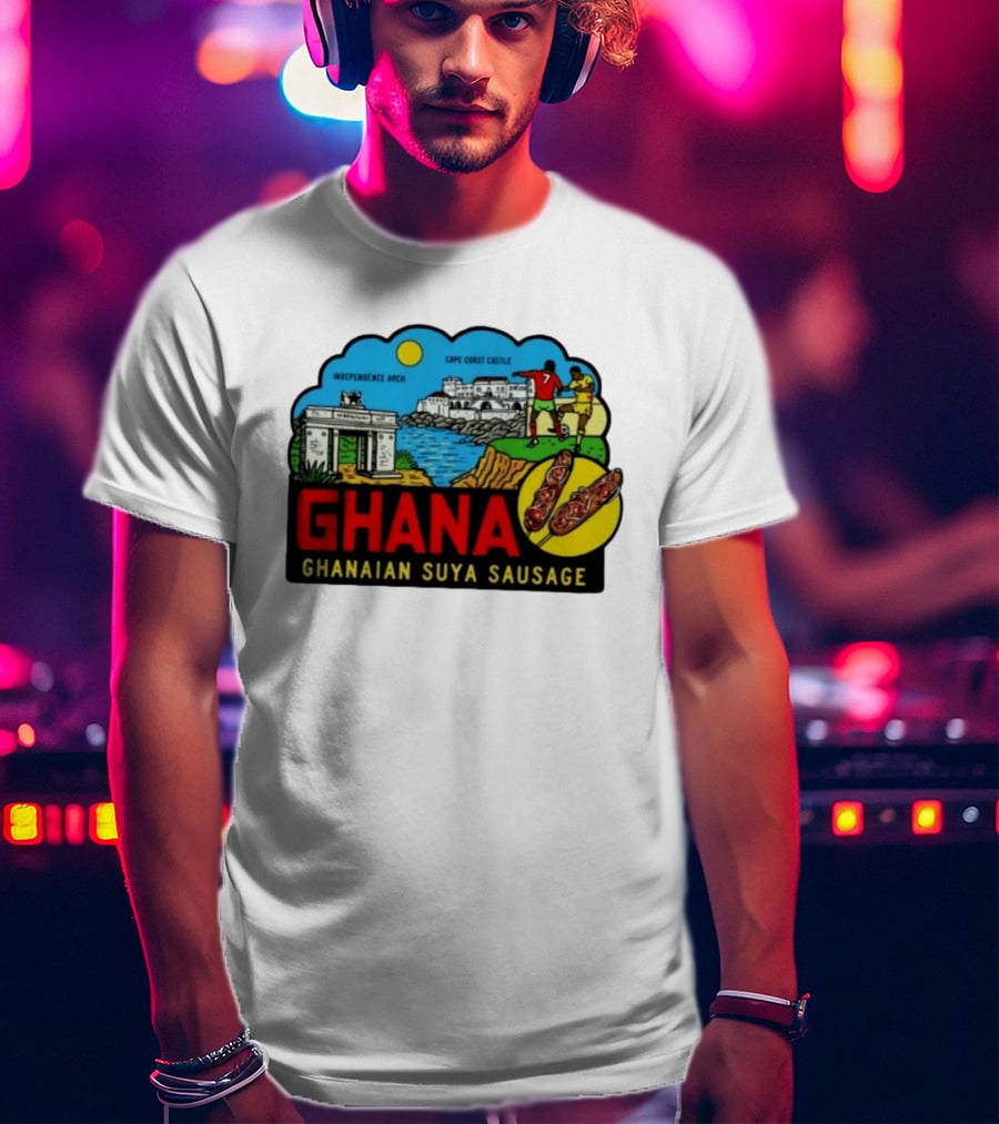 Ghana Cape Coast Castle Independence Arch Ghanaian Suya Sausage Soccer Scene T-Shirt