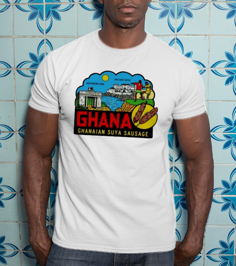 Ghana Cape Coast Castle Independence Arch Ghanaian Suya Sausage Soccer Scene T-Shirt