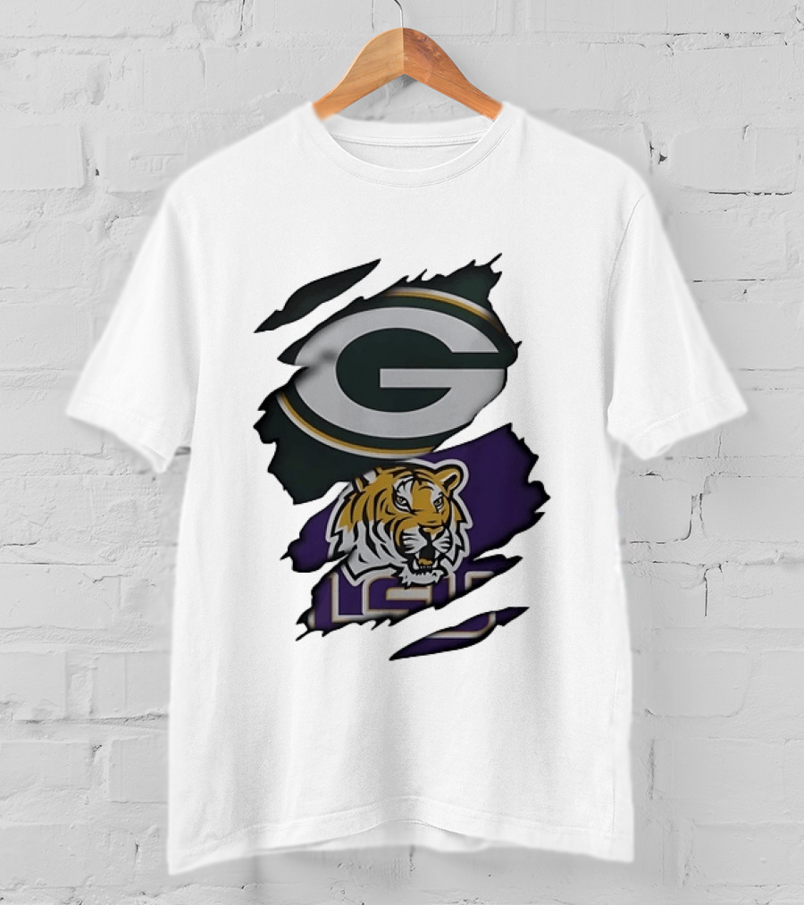 Green Bay Packers G Logo And LSU Tigers Purple And Gold Torn Fabric T-Shirt