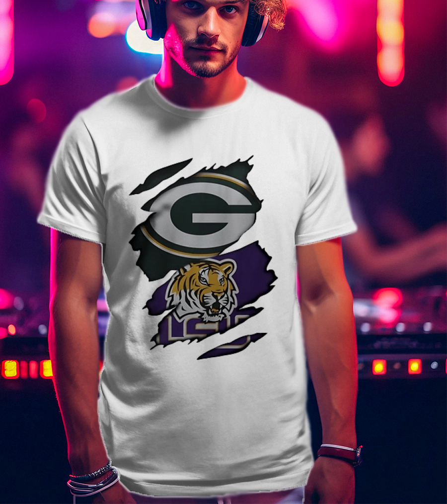 Green Bay Packers G Logo And LSU Tigers Purple And Gold Torn Fabric T-Shirt