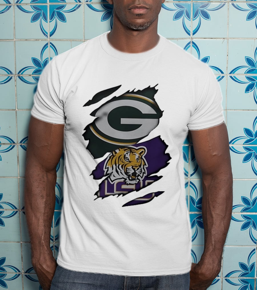 Green Bay Packers G Logo And LSU Tigers Purple And Gold Torn Fabric T-Shirt