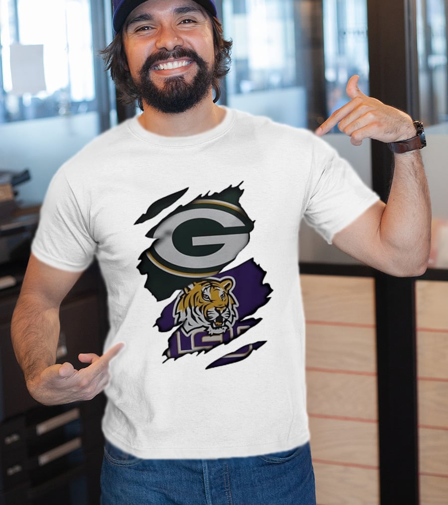 Green Bay Packers G Logo And LSU Tigers Purple And Gold Torn Fabric T-Shirt