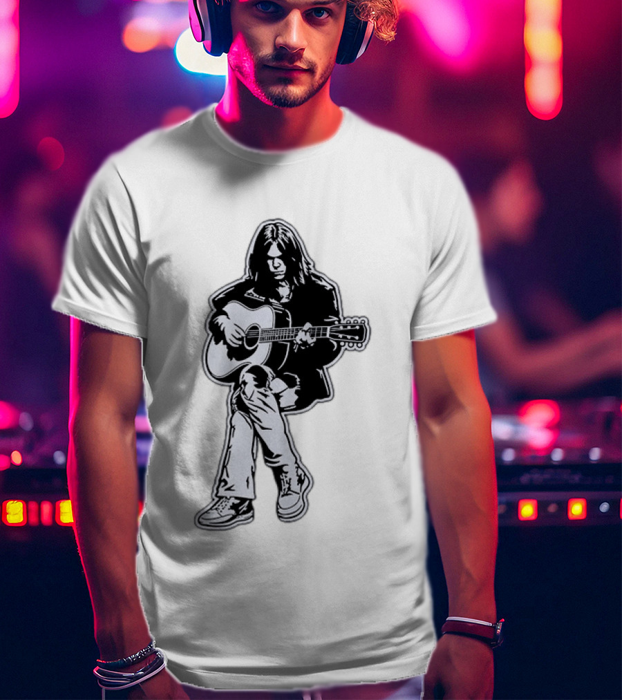 Neil Young Acoustic Folk Rock Guitar Performance T-Shirt