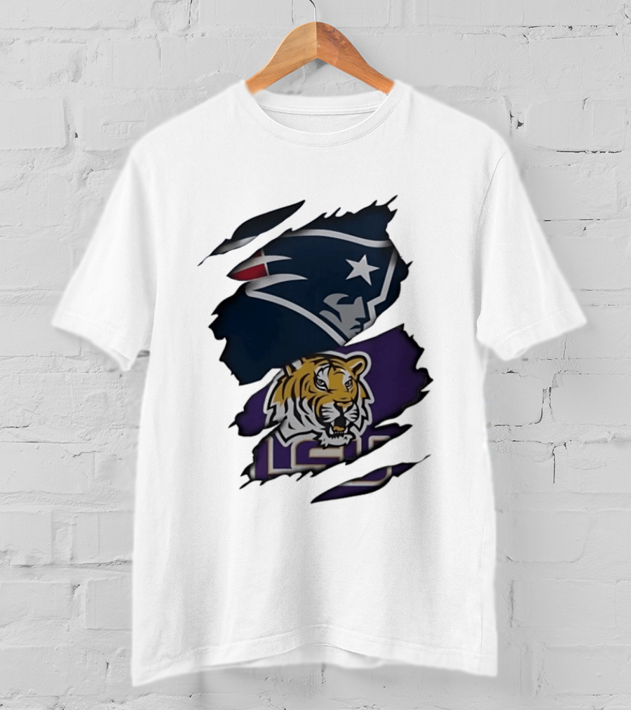 New England Patriots LSU Tigers Torn Fabric Tiger And Patriot Head Logos T-Shirt