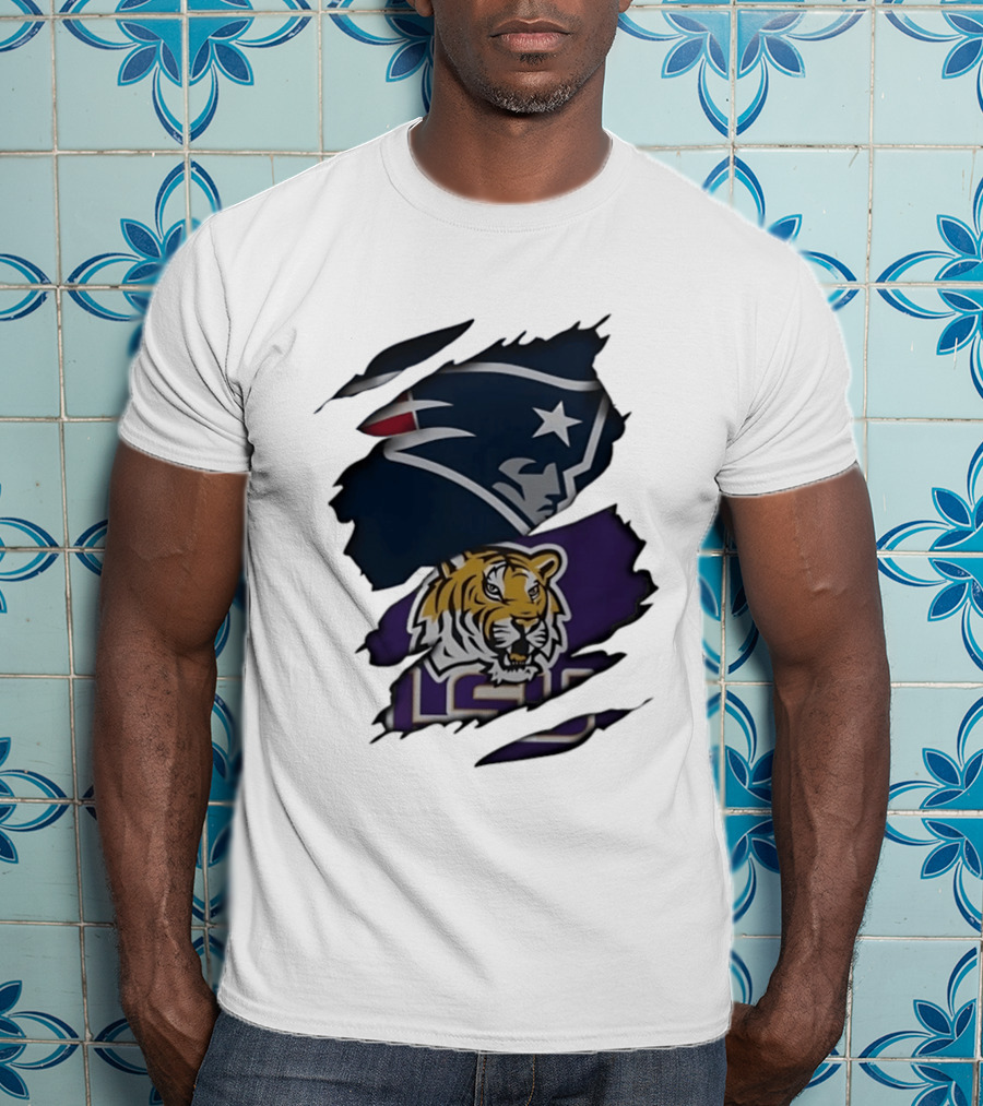 New England Patriots LSU Tigers Torn Fabric Tiger And Patriot Head Logos T-Shirt